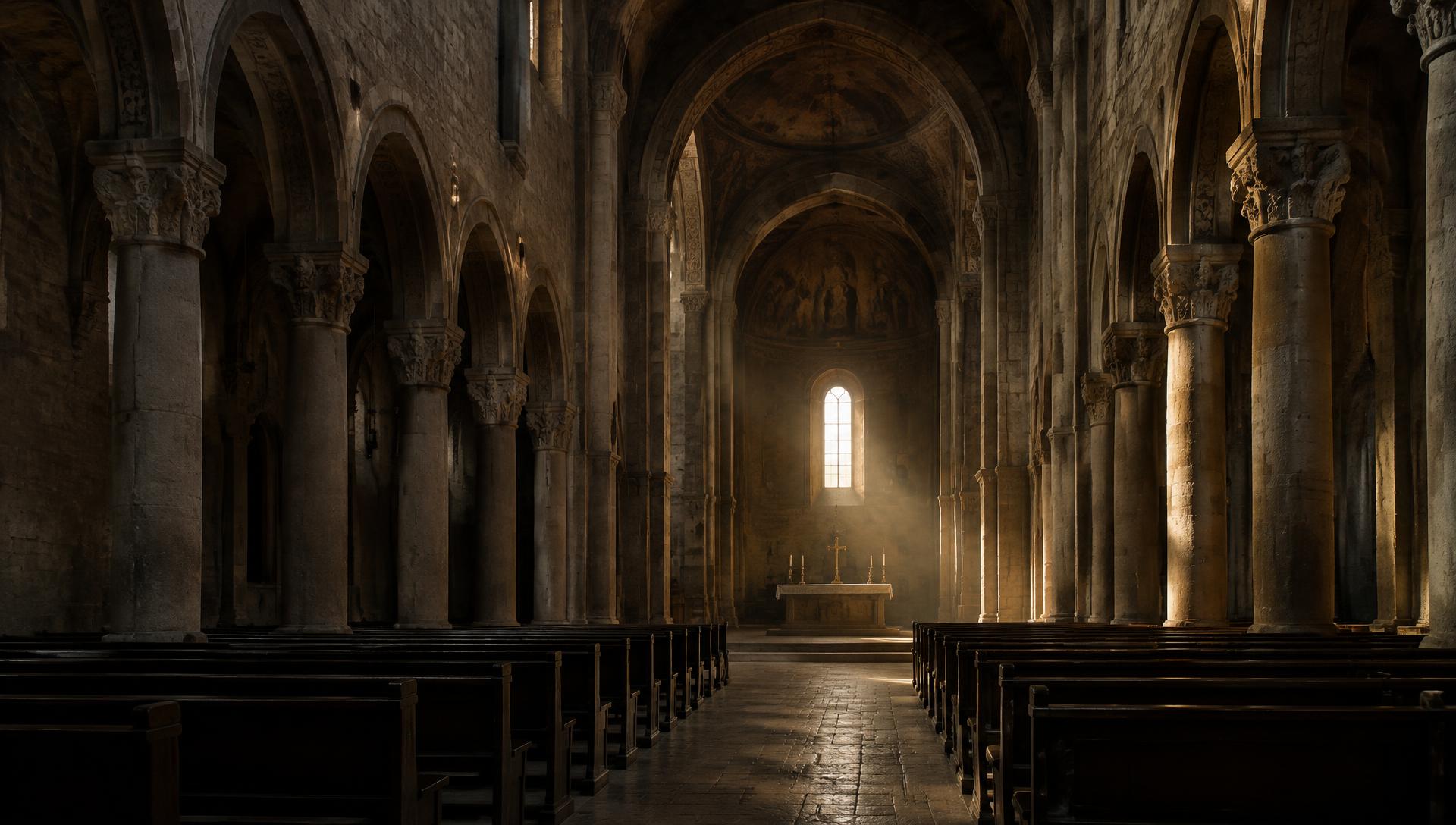 Navata di una chiesa romanica illuminata da una lama di luce